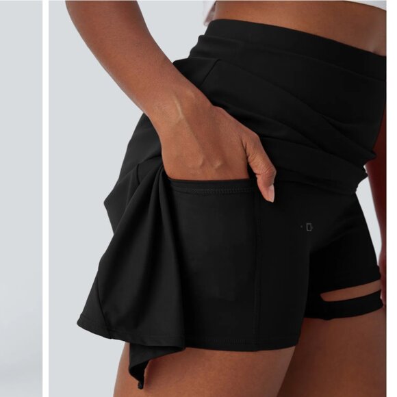 High Waisted Ruched Adjustable Buckle 2-in-1 Pocket High Low Dance Skirt - Picture 4 of 5